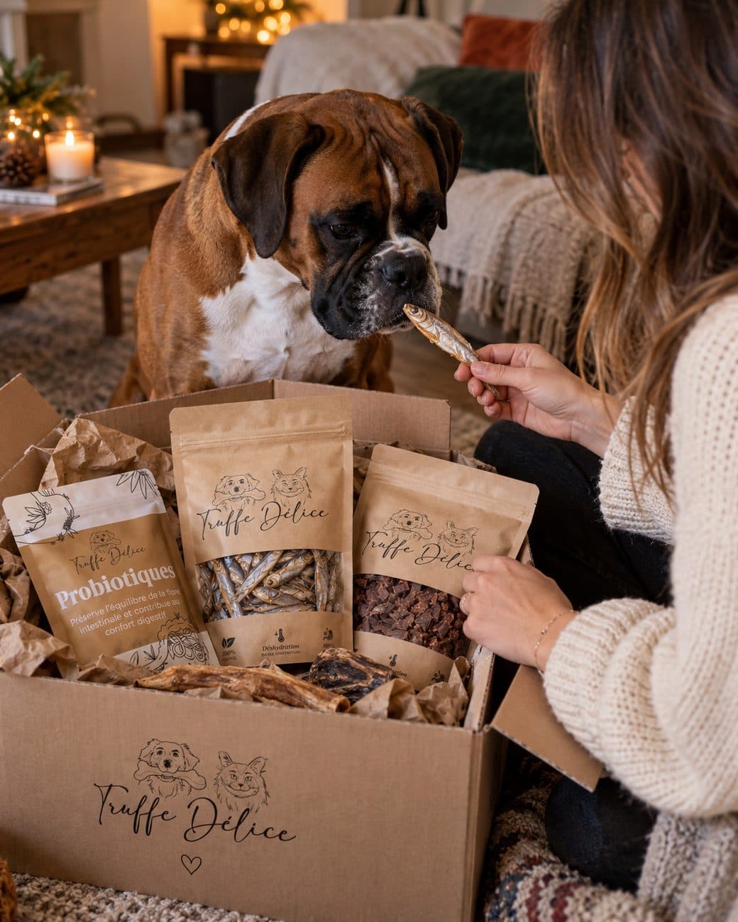 Une femme donne une friandise à son boxer à côté de la box Truffe Délice garnie de produits